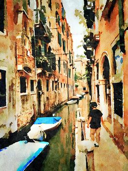 Watercolor which represents a glimpse of the small canals with boats between the historic buildings in the center of Venice