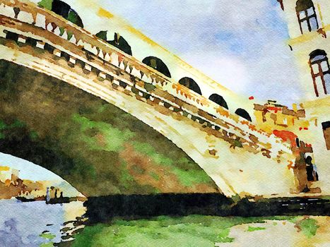 Watercolor which represents a glimpse of the famous Venice bridge over the Grand Canal