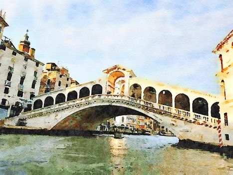 Watercolor which represents a glimpse of the famous Venice bridge over the Grand Canal