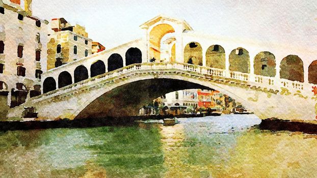 Watercolor which represents a glimpse of the famous Venice bridge over the Grand Canal