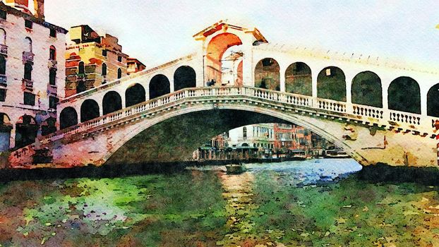 Watercolor which represents a glimpse of the famous Venice bridge over the Grand Canal