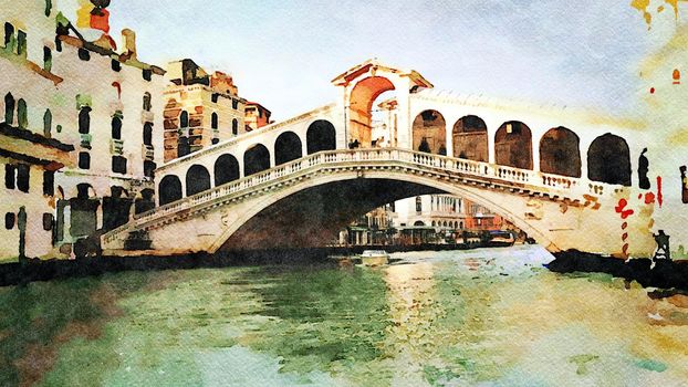 Watercolor which represents a glimpse of the famous Venice bridge over the Grand Canal