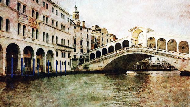 Watercolor which represents a glimpse of the famous Venice bridge over the Grand Canal