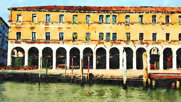 Watercolor which represents a glimpse of a historic building in Venice on the grand canal