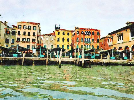 Watercolor which represents a glimpse of the historic market square in Venice seen from the canal