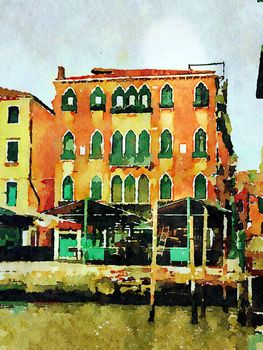 Watercolor which represents a glimpse of the historic market square in Venice seen from the canal