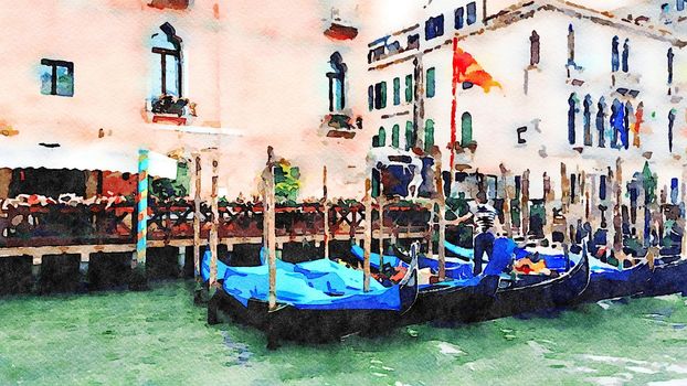 Watercolor representing the gondolas parked at the foot of the historic buildings of Venice overlooking the grand canal