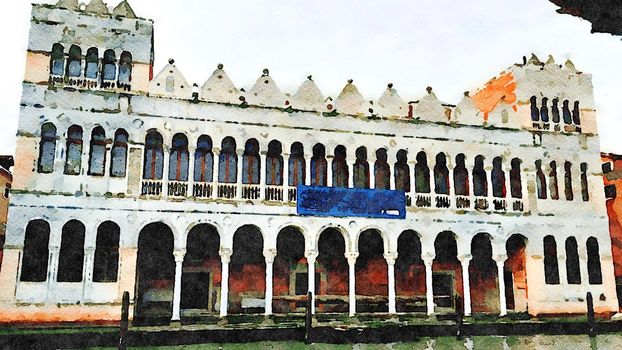 Watercolor which represents a glimpse of a historic building in Venice on the grand canal