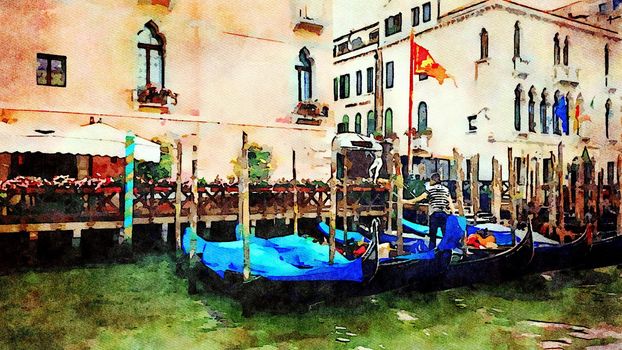 Watercolor representing the gondolas parked at the foot of the historic buildings of Venice overlooking the grand canal