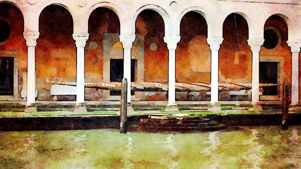 Watercolor representing the arches of a historic building in Venice on the grand canal