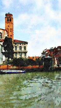 Watercolor which represents a glimpse of a historic building in Venice on the grand canal