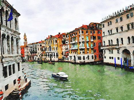 Watercolor which represents a glimpse of the historic buildings on the grand canal in the center of Venice