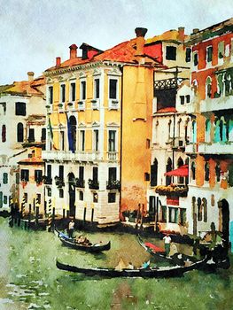 Watercolor which represents a glimpse of the historic buildings on the grand canal in the center of Venice