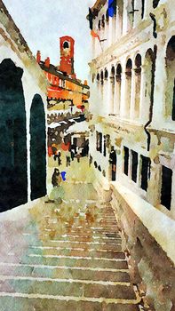 Watercolor representing a glimpse of the famous bridge in the center of Venice