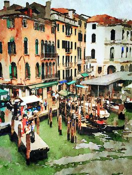 Watercolor which represents a glimpse of the historic buildings on the grand canal in the center of Venice