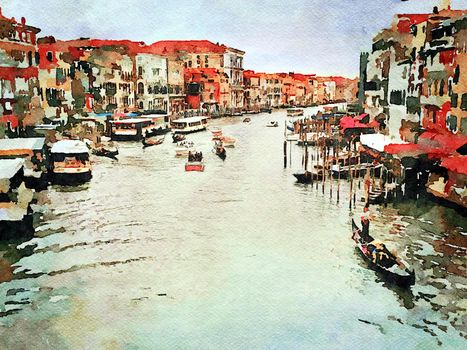 Watercolor which represents a glimpse of the historic buildings on the grand canal in the center of Venice