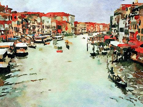 Watercolor which represents a glimpse of the historic buildings on the grand canal in the center of Venice