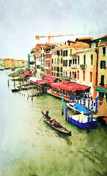 Watercolor which represents a glimpse of the historic buildings on the grand canal in the center of Venice