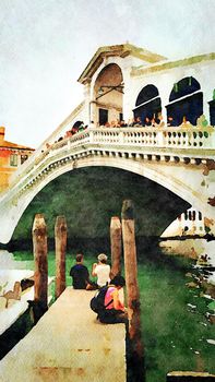 Watercolor representing a glimpse of the famous bridge in the center of Venice