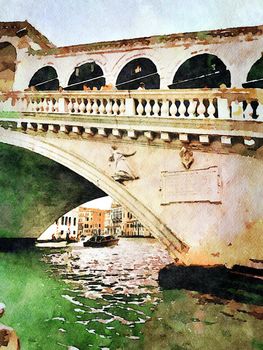 Watercolor representing a glimpse of the famous bridge in the center of Venice