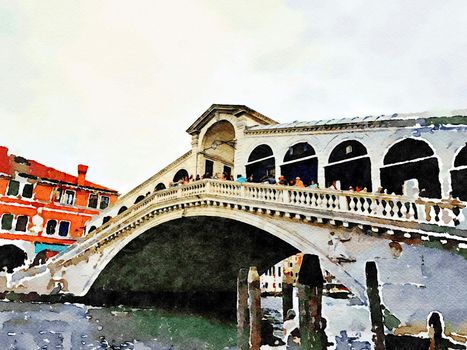 Watercolor representing a glimpse of the famous bridge in the center of Venice