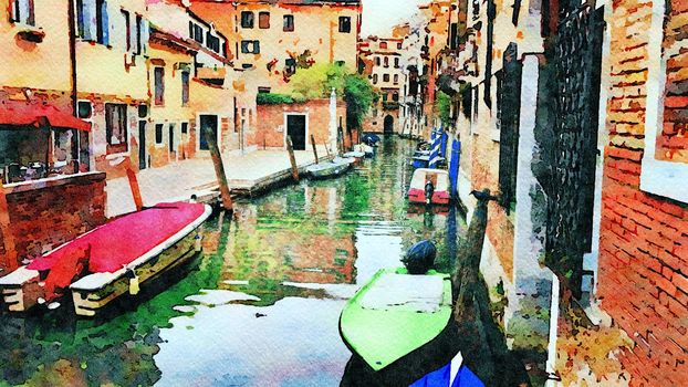 Watercolor which represents a glimpse of the small canals with boats between the historic buildings in the center of Venice