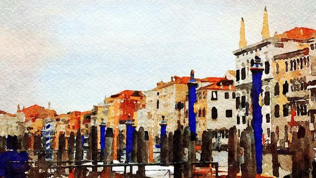 Watercolor which represents a glimpse of the historic buildings on the grand canal in the center of Venice