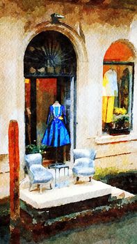Watercolor representing an exhibition on a small terrace on one of the canals in the center of Venice