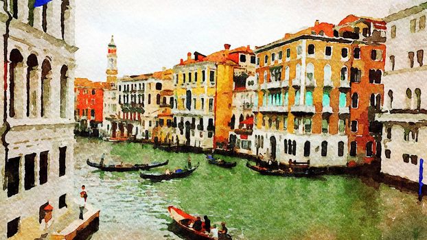 Watercolor representing the gondolas in the Grand Canal of Venice