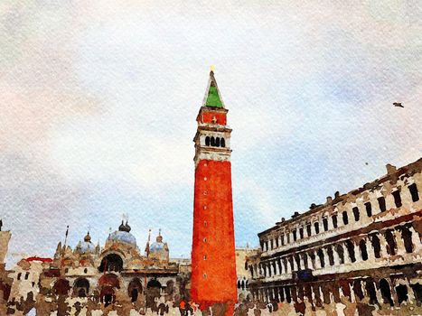 Watercolor which represents the main tower in San Marco square in Venice