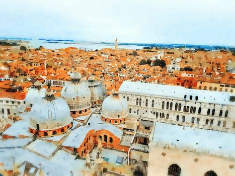 Watercolor representing the view of the roofs of the church of San Marco in Venice and the lagoon in the background