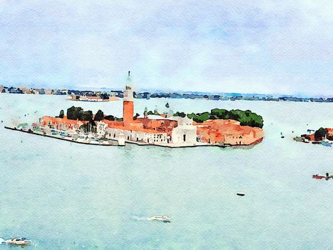 Watercolor representing the view of one of the islets in the Venice lagoon