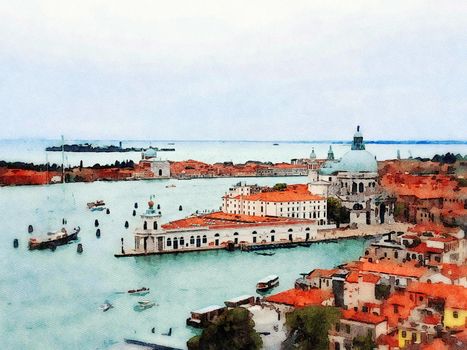 Watercolor representing the view of one of the churches in the Venice lagoon