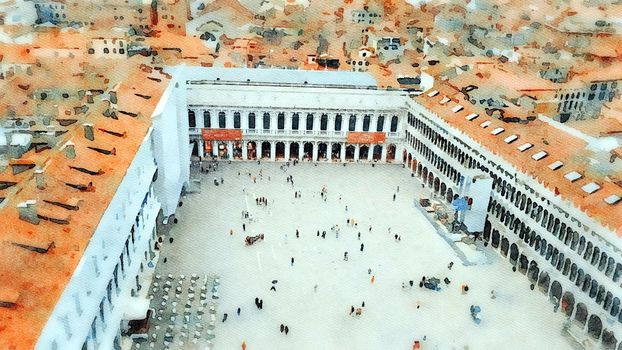 Watercolor which represents a view from the top of San Marco square in Venice