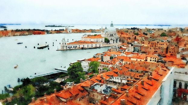 Watercolor representing the view of one of the churches in the Venice lagoon