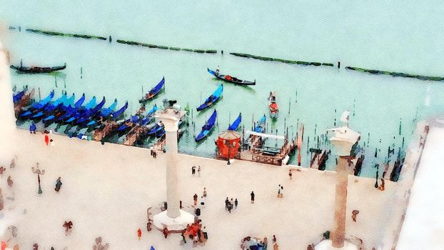 Watercolor representing the view of the gondolas and columns of San Marco in Venice