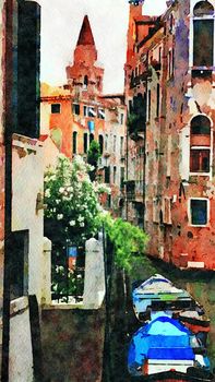 Watercolor which represents a glimpse of the small canals with boats between the historic buildings in the center of Venice