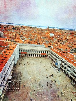 Watercolor which represents a view from the top of San Marco square in Venice