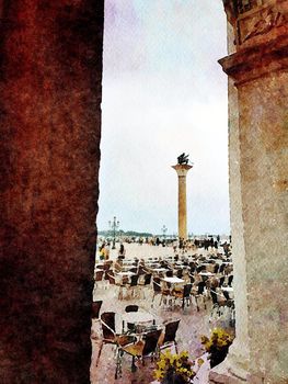 Watercolor representing a column with the lion of San Marco symbol of Venice