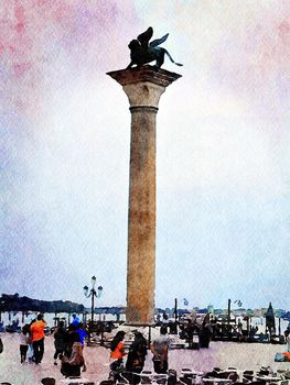 Watercolor representing a column with the lion of San Marco symbol of Venice