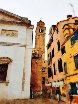 Watercolor which represents a glimpse of one of the churches in the historic center of Venice