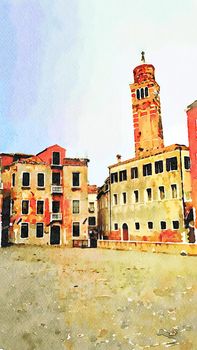 Watercolor which represents a glimpse of one of the squares in the historic center of Venice