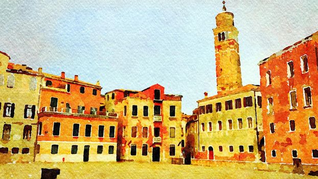 Watercolor which represents a glimpse of one of the squares in the historic center of Venice