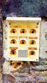 Watercolor representing an interphone at the entrance of an ancient building in the historic center of Venice