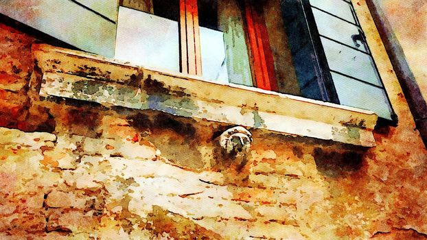 Watercolor representing an architectural detail of a window in the historic center of Venice
