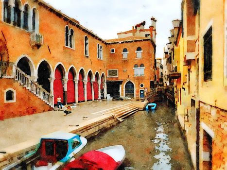 Watercolor that represents the glimpse of a historic building in the center of Venice