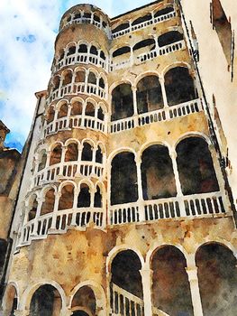 Watercolor that represents the glimpse of a historic building with tower and arches in the center of Venice