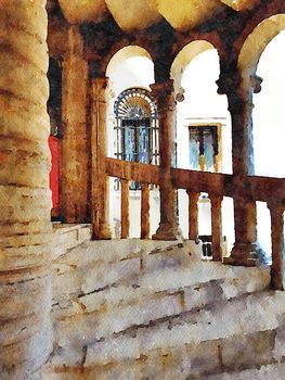 Watercolor representing the arched stairs of a historic building in the center of Venice