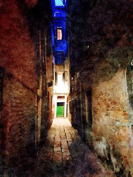 Watercolor representing a dark alleyway in the historic center of Venice