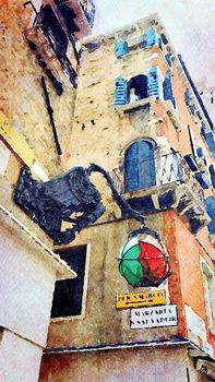 Watercolor representing a corner of a historic building at an intersection in the historic center of Venice